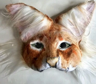 Оранжевая маска Tabby Cat Therain из искусственного меха и войлока с очень эластичными гибкими ушами - Изображение 1 из 4