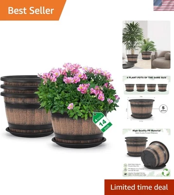 大号塑料 4 包 14 英寸植物花盆,威士忌桶花盆带排水... — 第 1/4 张图片