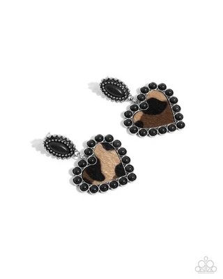 Paparazzi Whimsical Wrangler - Black - Stone- Cow Print Faux Fur - Post Earrings - Image 1 of 2