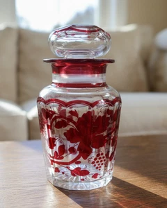 Vintage Bohemian Ruby Red Cut to Clear Glass Apothecary Jar with Stopper - Picture 1 of 14