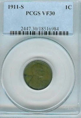 1911-S Lincoln Cent : PCGS VF30 - Image 1 of 2