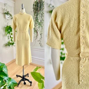 Vintage 1940s Yellow Knit Wool Sweater Dress Belt Deadstock Wiggle Sweaterdress - Picture 1 of 9