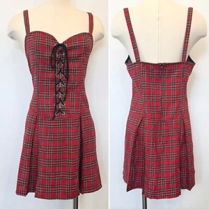 Mini Abito Vintage Lip Service Rosso Nero Plaid Lacci Corsetto L - Foto 1 di 9