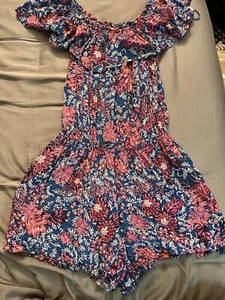 Rachel Roy Romper Blue Pink White Flowers EUC Size Medium Adorable - Picture 1 of 5