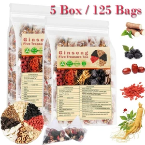 Ginseng Five Treasure Tea - Kidney Support, Red Date Herbal Blend 5 Box/125 Bags - Picture 1 of 20