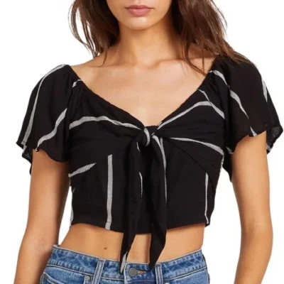 Volcom Coco Tie Chest Black Striped V-Neck Short Sleeve Crop Top Medium M Boho - Image 1 of 4
