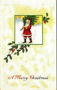 MERRY CHRISTMAS - SANTA STROLLS WITH TREE - OLD EMBOSSED HOLIDAY POSTCARD  - Picture 1 of 2