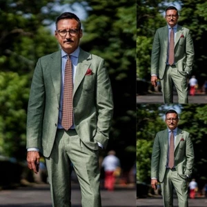 Esmoquin formal de un solo pecho de algodón de lino verde para hombres de negocios - Imagen 1 de 7