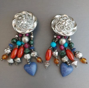 Vtg Statement Silver Tone Beads Clip On Earrings Light Plastic 80’s 90’s 2.75” - Picture 1 of 7