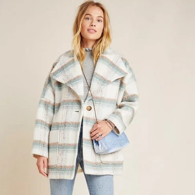 ANTHROPOLOGIE Elsa Abrigo Chaqueta a Cuadros Lana Marfil Teal Tostado Foto 1 de 4