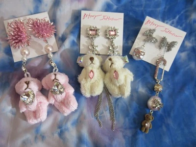 Betsey Johnson Spikey Heart Teddy Bear Flush Teddy Bear Safety Pin Bear Earrings - Image 1 of 4