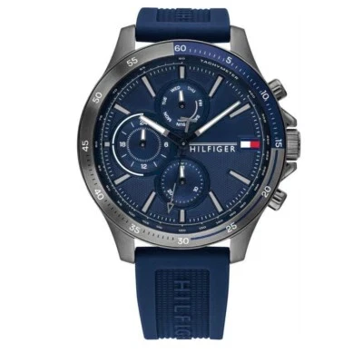 Reloj Tommy Hilfiger 1791721 para hombre caja gris banda de goma azul esfera negra 46 mm Foto 1 de 4