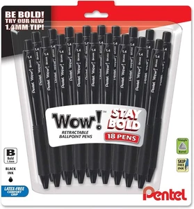 Wow! Retractable Ballpoint Pen, (1.4mm) Bold Line, Black Ink, 18-pk - Picture 1 of 1