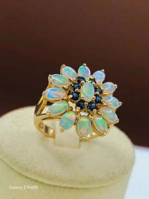 9ct Gold Ethiopian Opal & Sapphire Cluster Ring Size O 5.10g Floral Design Fine - Image 1 of 4
