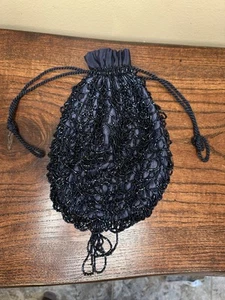 Vintage Dark Blue Scalloped Beaded Reticule Bag - Picture 1 of 4