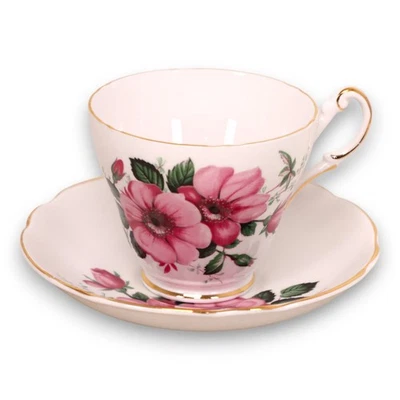 Regency Pink Flowers Footed Tea Cup Saucer Set England Vintage - Image 1 of 4