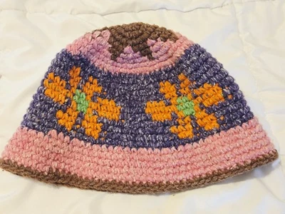 Винтажный ручной работы 100% шерсти ведро шляпа сделано Эквадор розовый цветы природы волокна - Изображение 1 из 4