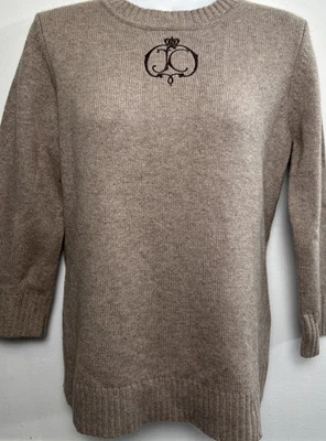 Juicy Couture M Tan Cashmere Merino Wool 3/4 Sleeve Sweater JC Monogram Vtg Y2K - Image 1 of 4