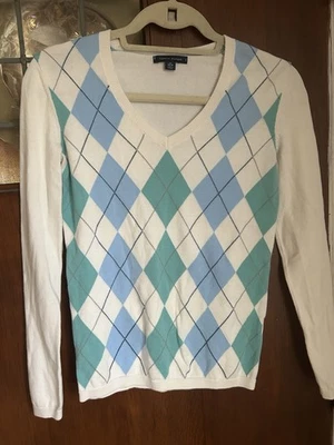 Tommy Hilfiger Women’s XS Sweater Cotton Preppy Blue-Teal Plaid Argyle - Image 1 of 4