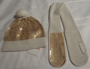 Gymboree Snowflake Glamour Hat Mittens Beige with Gold Sequins set NWT Winter - Picture 1 of 2