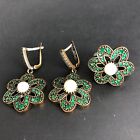 925 Sterling & Brass Vintage Flower Earrings Sz 8 Ring Set Pearl & Green Stones