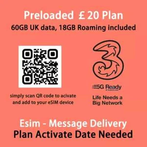 UK Europe 30days Prepaid eSIM with 60GB Unlimited call and text no shipping - Picture 1 of 5