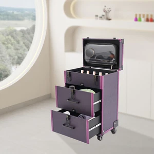 Valigia trucco arrotolabile astuccio cosmetico trolley valigia trucco con ruote viola - Foto 1 di 23