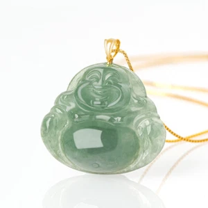 Certified Ice Green Natural Jade jadeite 18K Solid Gold Buddha Pendant Necklace - Picture 1 of 10