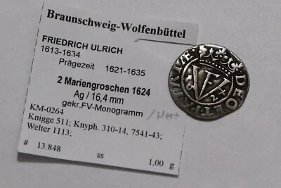 🧭 🇩🇪 GERMANY BRAUNSCHWEIG WOLFENBÜTTEL 2 MARIENGROSCHEN 1624 SHARP DETAILS B7 - Image 1 of 2
