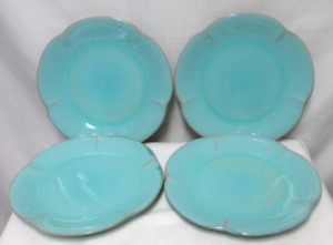 Turquoise blue with brown petal scalloped Dinner Plate Set 4 ceramic 10.5 inches