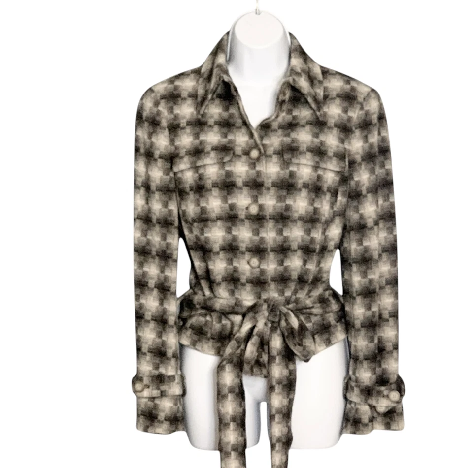 WORTH подпоясанный шерсти куртка с длинным рукавом коричневый серый чек карманы короткий размер маленький - Изображение 1 из 4