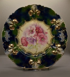 Placa de pastel de molde de iris RS Prusia de 11,25" azul cobalto verde amapolas Tiffany doradas - Imagen 1 de 12