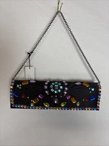 Savanna Black Satin Evening Shoulder Bag Clutch with Colored Stones NEW - Picture 1 of 5