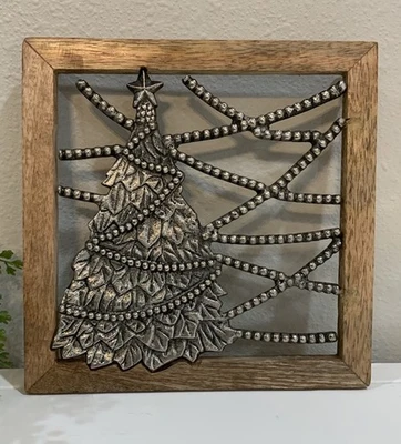 Mudpie Square Wood Silver Tone Metal Christmas Tree 8” X 8” Holiday Trivet - Image 1 of 4