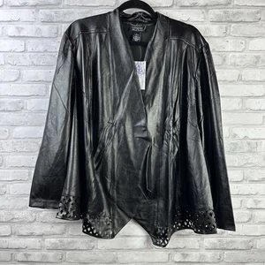 Catherines Black Label 1X 18W/20W Black Faux Vegan Leather Laser Cut Hem NWT - Picture 1 of 3