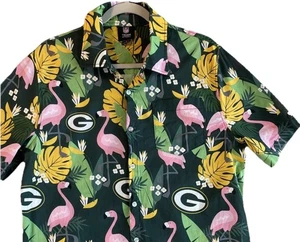 Green Bay Packers Shirt Mens Large Green Hawaiian Floral Flamingo NFL Button Up - Picture 1 of 10