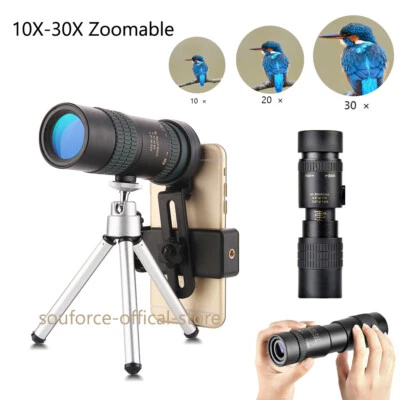 4K 10-30X30mm Telephoto Zoomable Monocular Telescope Portable Binocular W/Tripod - Image 1 of 4