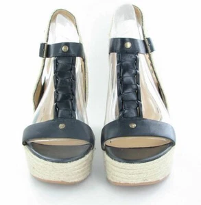 Nine West Keenster Womens Black Leather Strap Platform Wedges Shoes 9.5 - Picture 1 of 4