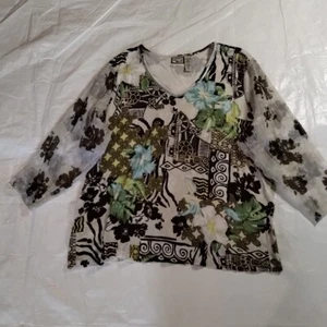 Caribbean Joe Women's Size 3X Brown Floral Pattern Long Sleeve Blouse - Picture 1 of 4