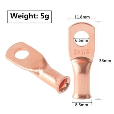 5PCS Hole Terminal 8 Gauge Ring 1/4"  Battery Lug Bare Copper Un-insulated AWG - Image 1 of 3