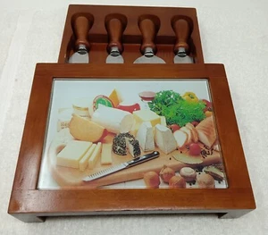 MCM Wood Glass Cheese Board With Four Cheese Tools Complete - Picture 1 of 23
