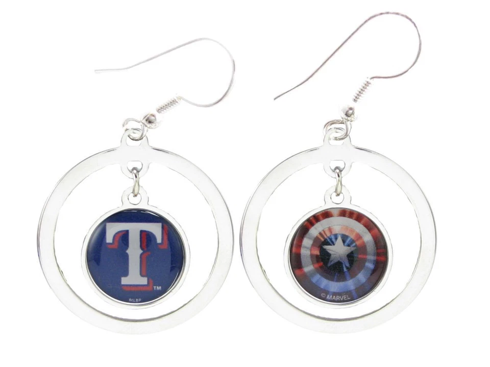 Texas Rangers Captain America Two Sided Silver Hoop Marvel Earrings Jewelry MLB - Image 1 of 1