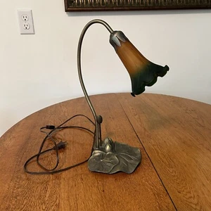 Vintage Orange Green Glass Flower Shade Goose Neck Lily Pad Base Desk Table Lamp - Picture 1 of 5