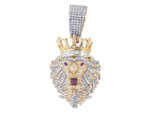 Baguette Crown 3/4 CT Real Diamond Lion Pendant 1.6" 10K Yellow Gold - Picture 1 of 4