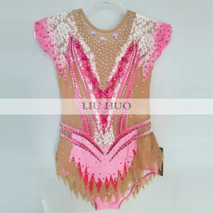 Women Girl Costume Rhythmic Gymnastics Leotard Competition Pink Gradient Lace - Picture 1 of 6