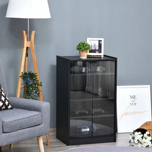 Wood Grain Storage Console Center with Glass Doors and Cable Management, Black - Picture 1 of 11