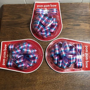 (3) Vintage AMERICAN GREETINGS Satin Glo Ribbon POM POM Bows Pink/Turquoise NOS - Picture 1 of 3