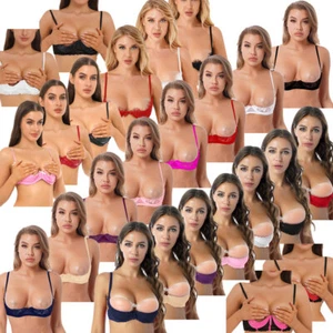 Womens Mesh Sheer Floral Lace 1/4 Cups Underwired Bra Tops Push Up Shelf Unlined - Picture 1 of 300