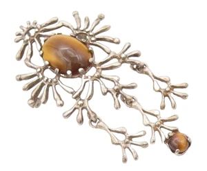 925 Sterling Silver Vintage Brooch Pin Designer Dangling Spike Tiger Eye BP11282 - Picture 1 of 6
