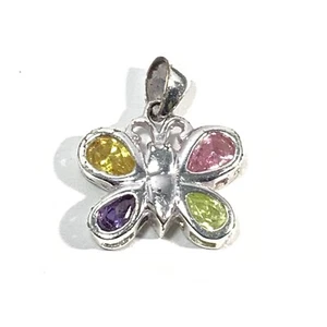 Sterling Silver 925 Crystal Butterfly Pendant Petite Pink Green Purple .75" - Picture 1 of 7
